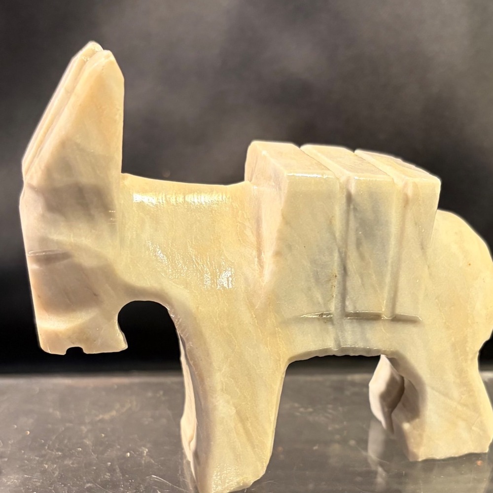 Vintage Hand Carved Stone Donkey Burro Figurine Pack Animal Sculpture Tan Cream